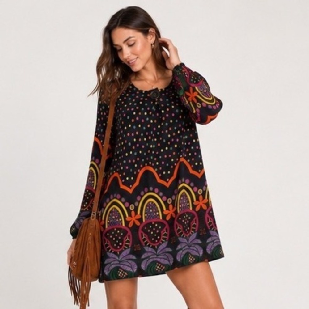 Hessi Tunic Dress L Navy Blue Multi Polka‎ Dot Floral Geometric Boho Long Sleeve